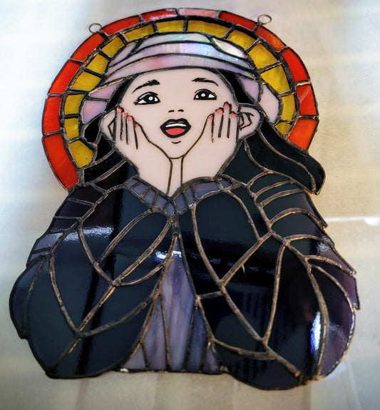 This custom stained glass suncatcher is a fan-made piece inspired by the "Rattie" meme (also known as "The Ratties") from the Twilight fandom on platforms like Facebook and Reddit.